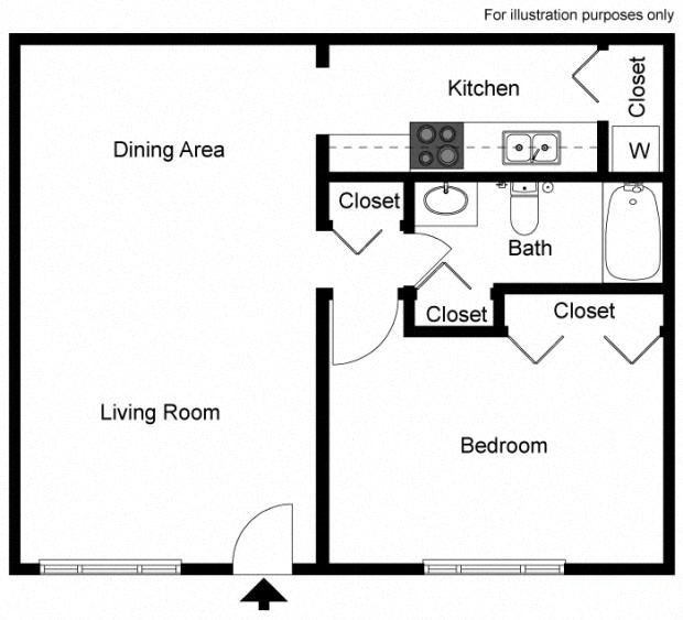 Floor plan for 1 bed, 1 bath, 576 sqft